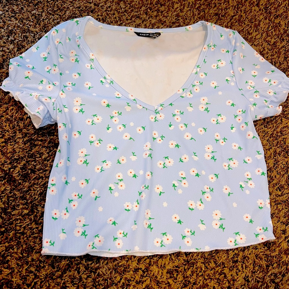 Light blue shirt with white flowers- Size Small